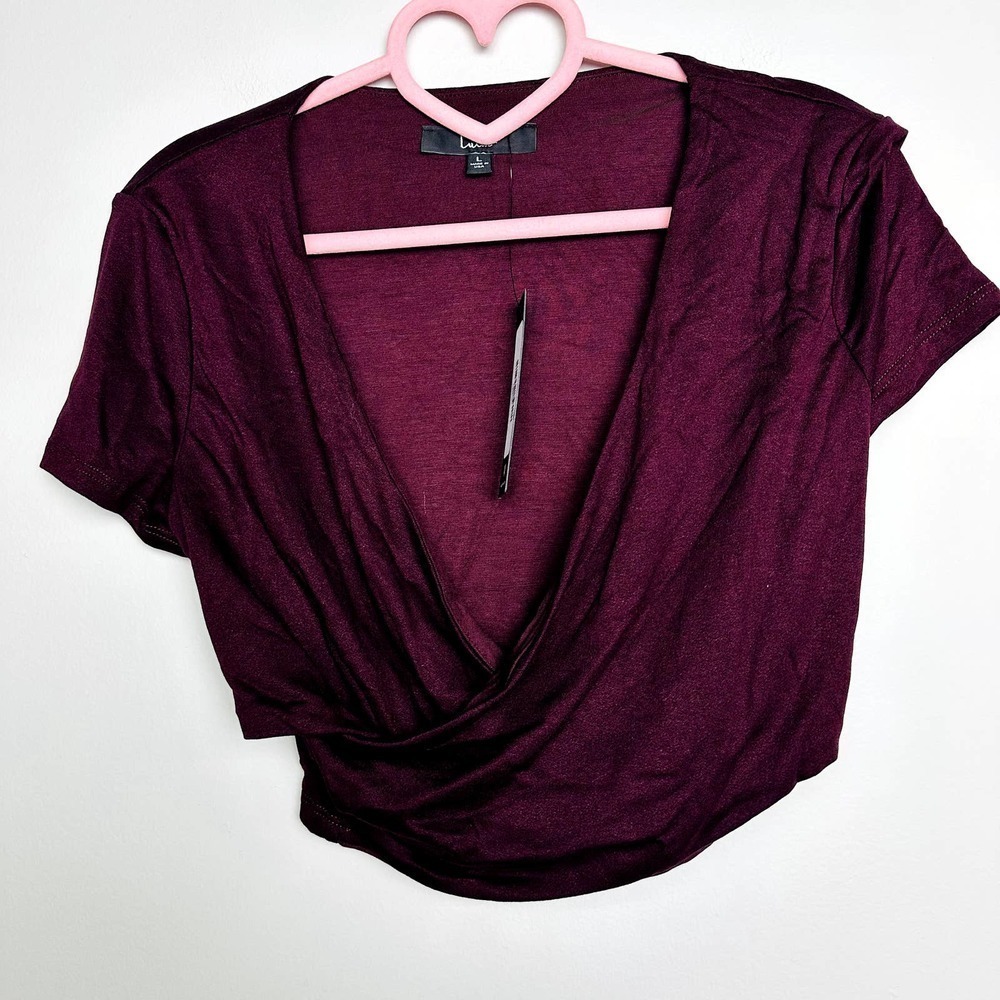 Lulus NWT By Your Side Wrap Cross Front Short Sleeve Cropped Top Wine Size Large - Picture 2 of 8